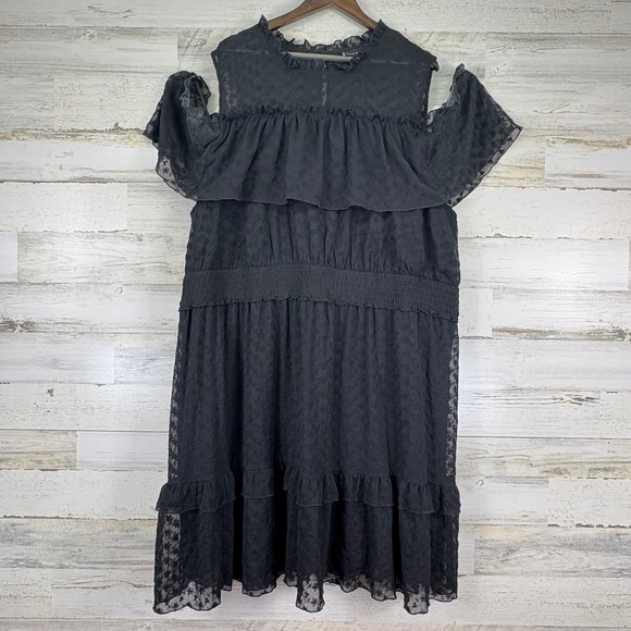 Lane Bryant Black Eyelet Lace Cold Shoulder Ruffle‎ Lined Dress Plus Size 28 - Picture 1 of 13